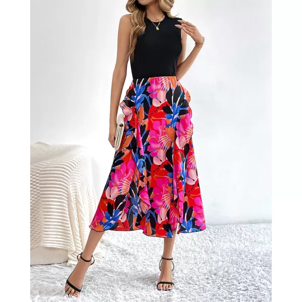 imageBTFBM Women Casual Sleeveless Summer Dresses 2023 Spring Crewneck Patchwork Boho Floral Ruffle Cocktail Party Midi DressBig Floral Multicolor