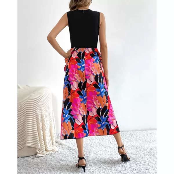 imageBTFBM Women Casual Sleeveless Summer Dresses 2023 Spring Crewneck Patchwork Boho Floral Ruffle Cocktail Party Midi DressBig Floral Multicolor