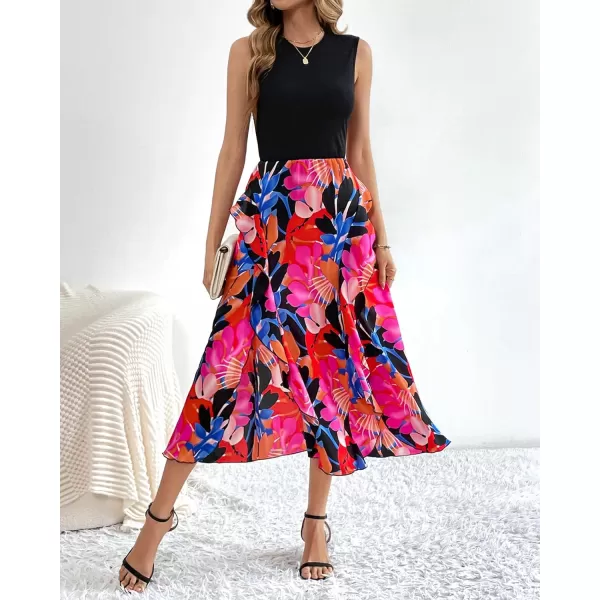 imageBTFBM Women Casual Sleeveless Summer Dresses 2023 Spring Crewneck Patchwork Boho Floral Ruffle Cocktail Party Midi DressBig Floral Multicolor