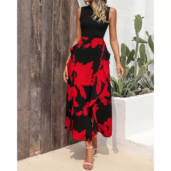 imageBTFBM Women Casual Sleeveless Summer Dresses 2023 Spring Crewneck Patchwork Boho Floral Ruffle Cocktail Party Midi DressBig Floral Red