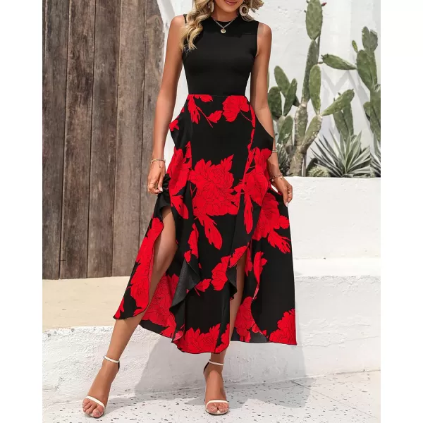 imageBTFBM Women Casual Sleeveless Summer Dresses 2023 Spring Crewneck Patchwork Boho Floral Ruffle Cocktail Party Midi DressBig Floral Red