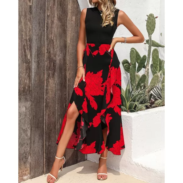 imageBTFBM Women Casual Sleeveless Summer Dresses 2023 Spring Crewneck Patchwork Boho Floral Ruffle Cocktail Party Midi DressBig Floral Red