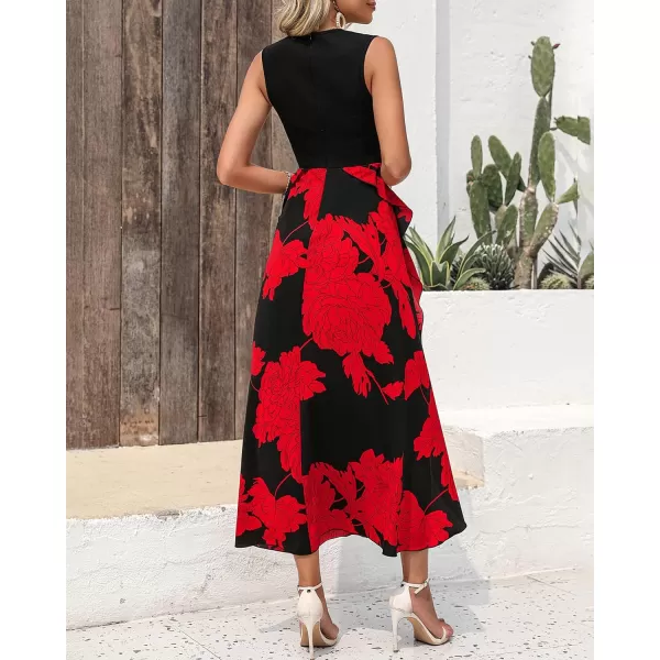 imageBTFBM Women Casual Sleeveless Summer Dresses 2023 Spring Crewneck Patchwork Boho Floral Ruffle Cocktail Party Midi DressBig Floral Red
