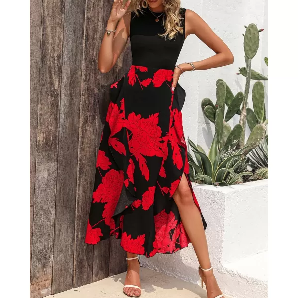 imageBTFBM Women Casual Sleeveless Summer Dresses 2023 Spring Crewneck Patchwork Boho Floral Ruffle Cocktail Party Midi DressBig Floral Red
