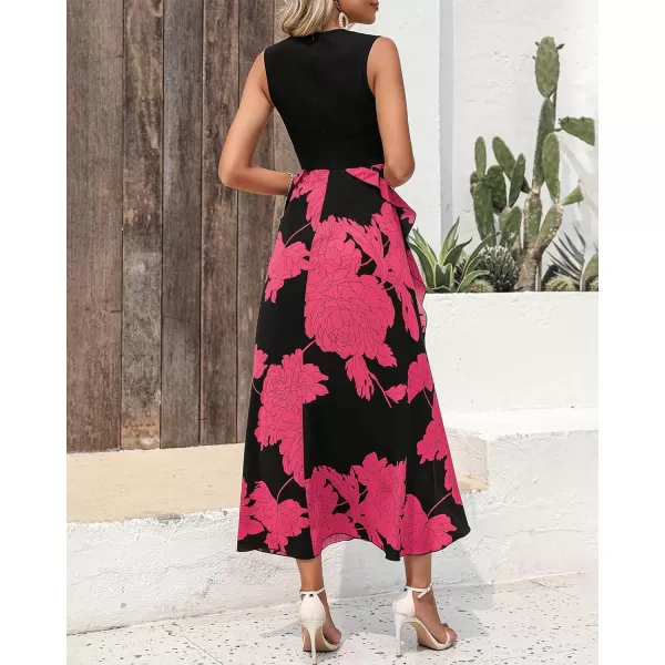 imageBTFBM Women Casual Sleeveless Summer Dresses 2023 Spring Crewneck Patchwork Boho Floral Ruffle Cocktail Party Midi DressBig Floral Rose Red