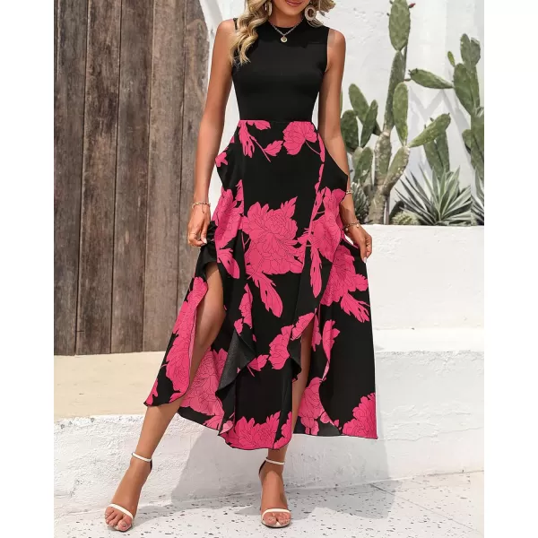 imageBTFBM Women Casual Sleeveless Summer Dresses 2023 Spring Crewneck Patchwork Boho Floral Ruffle Cocktail Party Midi DressBig Floral Rose Red