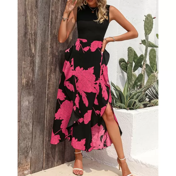 imageBTFBM Women Casual Sleeveless Summer Dresses 2023 Spring Crewneck Patchwork Boho Floral Ruffle Cocktail Party Midi DressBig Floral Rose Red