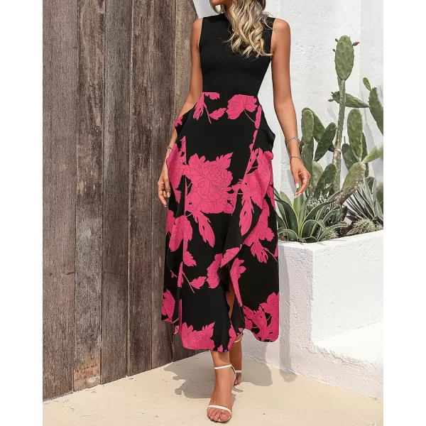imageBTFBM Women Casual Sleeveless Summer Dresses 2023 Spring Crewneck Patchwork Boho Floral Ruffle Cocktail Party Midi DressBig Floral Rose Red