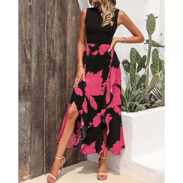 imageBTFBM Women Casual Sleeveless Summer Dresses 2023 Spring Crewneck Patchwork Boho Floral Ruffle Cocktail Party Midi DressBig Floral Rose Red