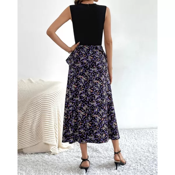 imageBTFBM Women Casual Sleeveless Summer Dresses 2023 Spring Crewneck Patchwork Boho Floral Ruffle Cocktail Party Midi DressFloral Purple