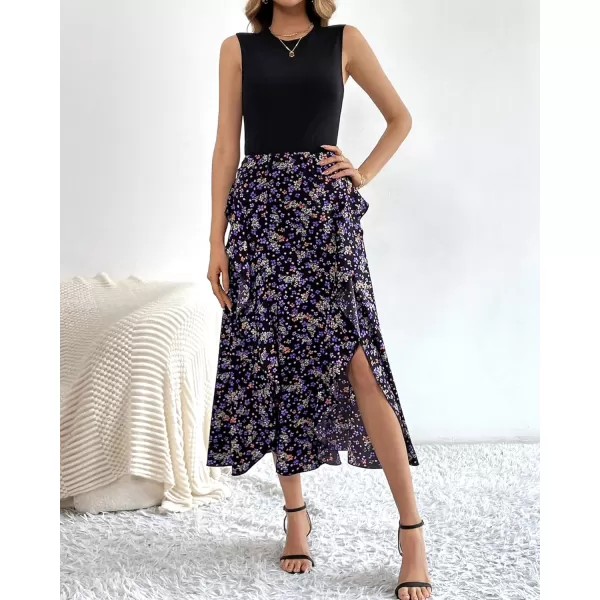 imageBTFBM Women Casual Sleeveless Summer Dresses 2023 Spring Crewneck Patchwork Boho Floral Ruffle Cocktail Party Midi DressFloral Purple