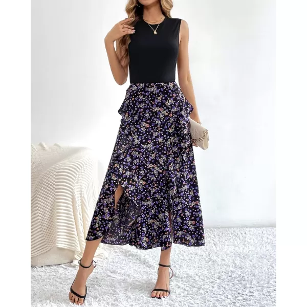 imageBTFBM Women Casual Sleeveless Summer Dresses 2023 Spring Crewneck Patchwork Boho Floral Ruffle Cocktail Party Midi DressFloral Purple