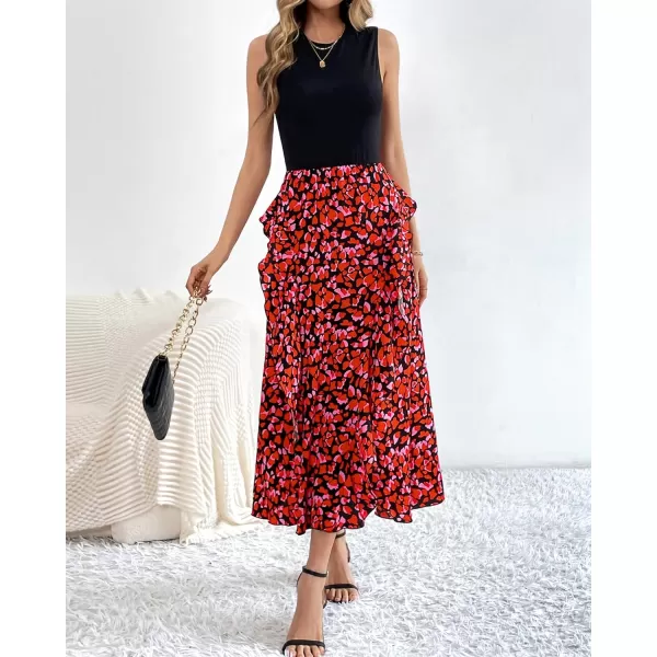 imageBTFBM Women Casual Sleeveless Summer Dresses 2023 Spring Crewneck Patchwork Boho Floral Ruffle Cocktail Party Midi DressFloral Red