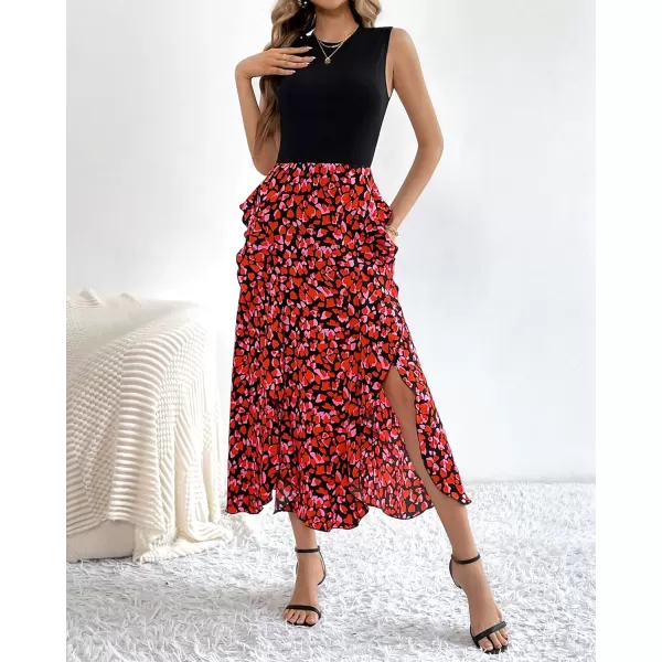 imageBTFBM Women Casual Sleeveless Summer Dresses 2023 Spring Crewneck Patchwork Boho Floral Ruffle Cocktail Party Midi DressFloral Red