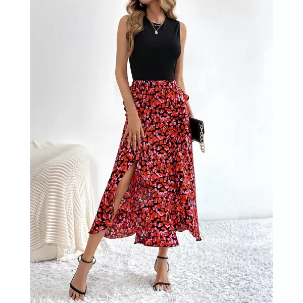imageBTFBM Women Casual Sleeveless Summer Dresses 2023 Spring Crewneck Patchwork Boho Floral Ruffle Cocktail Party Midi DressFloral Red