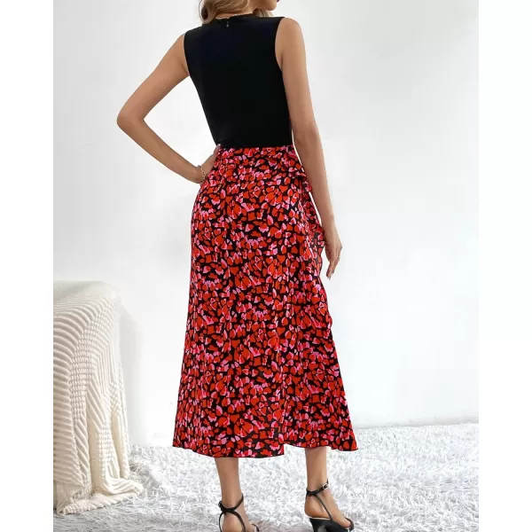 imageBTFBM Women Casual Sleeveless Summer Dresses 2023 Spring Crewneck Patchwork Boho Floral Ruffle Cocktail Party Midi DressFloral Red