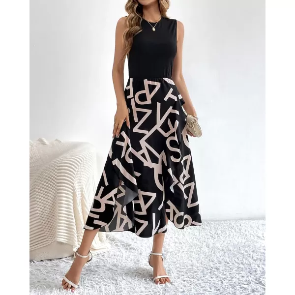 imageBTFBM Women Casual Sleeveless Summer Dresses 2023 Spring Crewneck Patchwork Boho Floral Ruffle Cocktail Party Midi DressLetter White