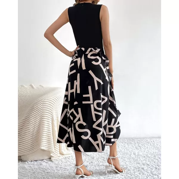 imageBTFBM Women Casual Sleeveless Summer Dresses 2023 Spring Crewneck Patchwork Boho Floral Ruffle Cocktail Party Midi DressLetter White