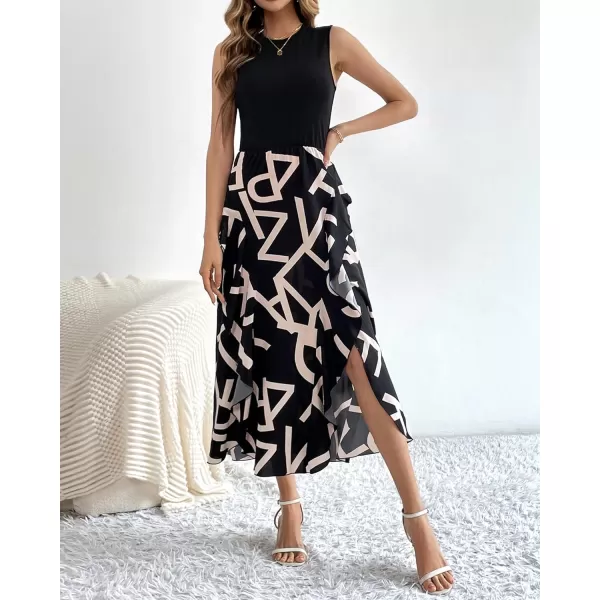 imageBTFBM Women Casual Sleeveless Summer Dresses 2023 Spring Crewneck Patchwork Boho Floral Ruffle Cocktail Party Midi DressLetter White