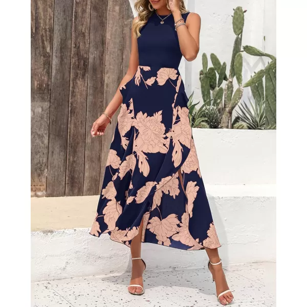 imageBTFBM Women Casual Sleeveless Summer Dresses 2023 Spring Crewneck Patchwork Boho Floral Ruffle Cocktail Party Midi DressPink Floral Navy