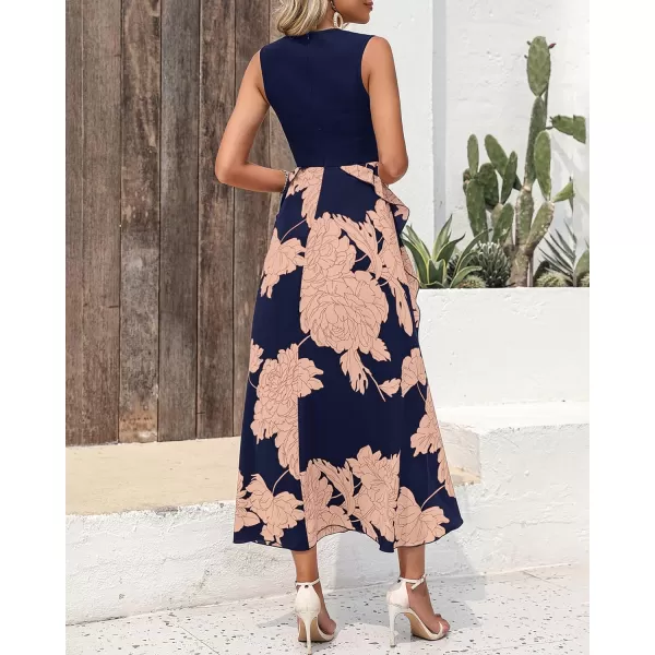 imageBTFBM Women Casual Sleeveless Summer Dresses 2023 Spring Crewneck Patchwork Boho Floral Ruffle Cocktail Party Midi DressPink Floral Navy