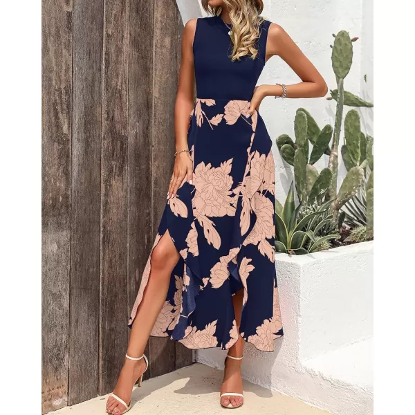 imageBTFBM Women Casual Sleeveless Summer Dresses 2023 Spring Crewneck Patchwork Boho Floral Ruffle Cocktail Party Midi DressPink Floral Navy