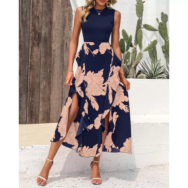 imageBTFBM Women Casual Sleeveless Summer Dresses 2023 Spring Crewneck Patchwork Boho Floral Ruffle Cocktail Party Midi DressPink Floral Navy