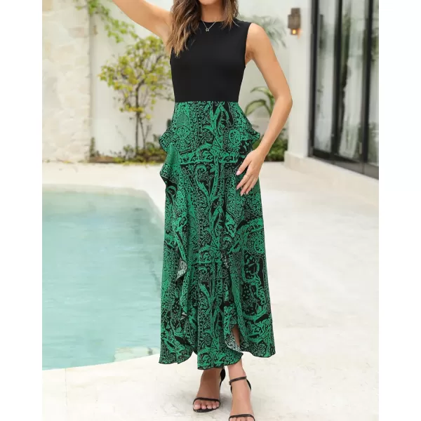 imageBTFBM Women Casual Sleeveless Summer Dresses 2023 Spring Crewneck Patchwork Boho Floral Ruffle Cocktail Party Midi DressPrint Black Green