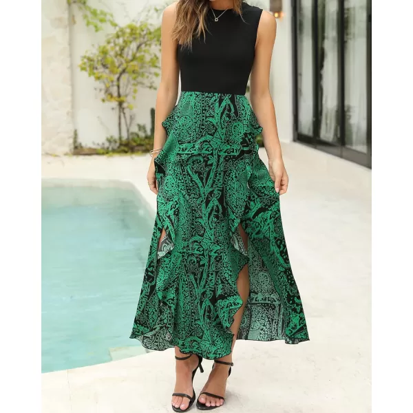 imageBTFBM Women Casual Sleeveless Summer Dresses 2023 Spring Crewneck Patchwork Boho Floral Ruffle Cocktail Party Midi DressPrint Black Green