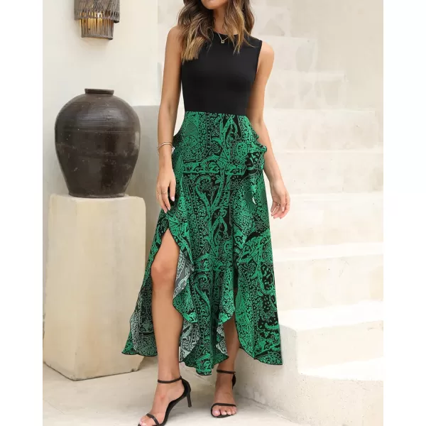 imageBTFBM Women Casual Sleeveless Summer Dresses 2023 Spring Crewneck Patchwork Boho Floral Ruffle Cocktail Party Midi DressPrint Black Green