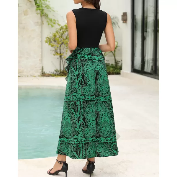 imageBTFBM Women Casual Sleeveless Summer Dresses 2023 Spring Crewneck Patchwork Boho Floral Ruffle Cocktail Party Midi DressPrint Black Green