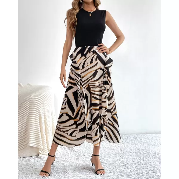imageBTFBM Women Casual Sleeveless Summer Dresses 2023 Spring Crewneck Patchwork Boho Floral Ruffle Cocktail Party Midi DressStriped