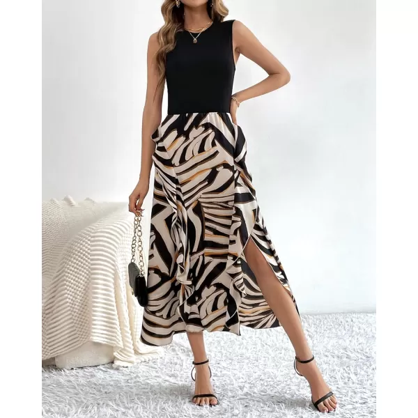 imageBTFBM Women Casual Sleeveless Summer Dresses 2023 Spring Crewneck Patchwork Boho Floral Ruffle Cocktail Party Midi DressStriped