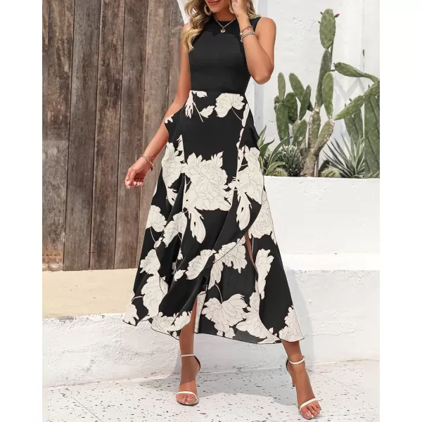 imageBTFBM Women Casual Sleeveless Summer Dresses 2023 Spring Crewneck Patchwork Boho Floral Ruffle Cocktail Party Midi DressWhite Floral Black