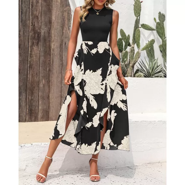imageBTFBM Women Casual Sleeveless Summer Dresses 2023 Spring Crewneck Patchwork Boho Floral Ruffle Cocktail Party Midi DressWhite Floral Black