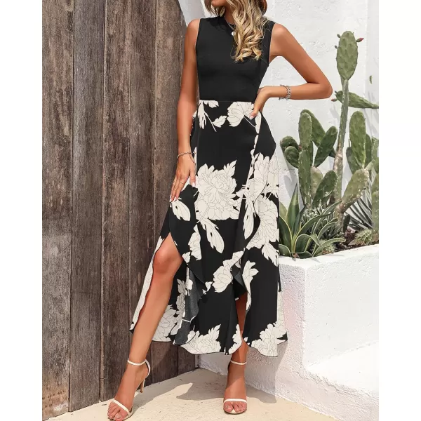 imageBTFBM Women Casual Sleeveless Summer Dresses 2023 Spring Crewneck Patchwork Boho Floral Ruffle Cocktail Party Midi DressWhite Floral Black