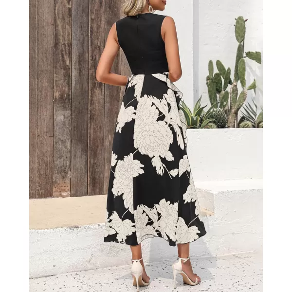 imageBTFBM Women Casual Sleeveless Summer Dresses 2023 Spring Crewneck Patchwork Boho Floral Ruffle Cocktail Party Midi DressWhite Floral Black