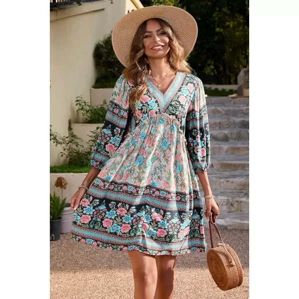 imageBTFBM Women Casual Spring Summer Dresses V Neck 34 Long Sleeve Ruffle Floral Flowy Boho Babydoll Mini Short Beach DressFloral Apricot
