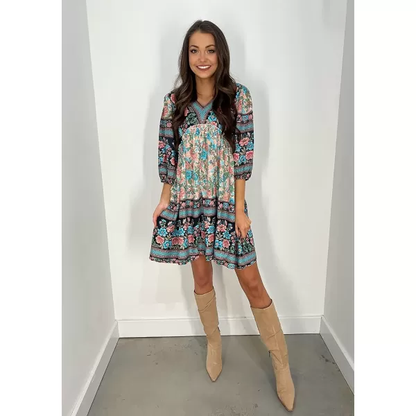 imageBTFBM Women Casual Spring Summer Dresses V Neck 34 Long Sleeve Ruffle Floral Flowy Boho Babydoll Mini Short Beach DressFloral Apricot
