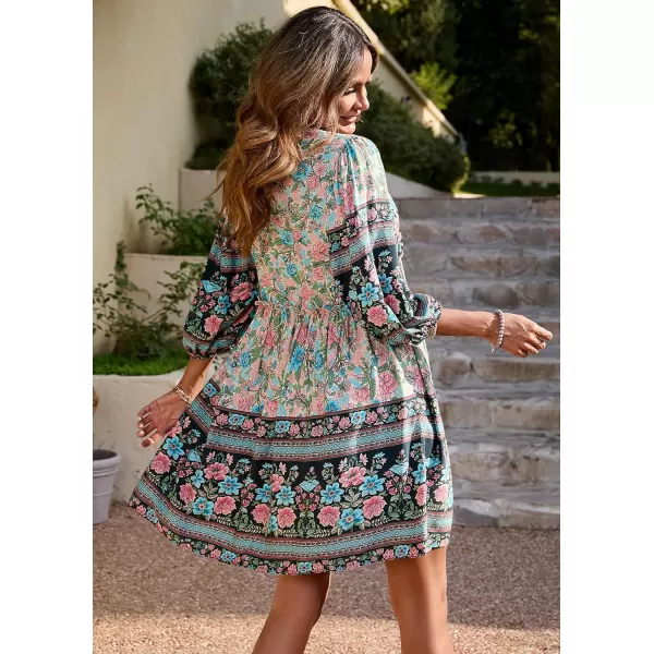 imageBTFBM Women Casual Spring Summer Dresses V Neck 34 Long Sleeve Ruffle Floral Flowy Boho Babydoll Mini Short Beach DressFloral Apricot