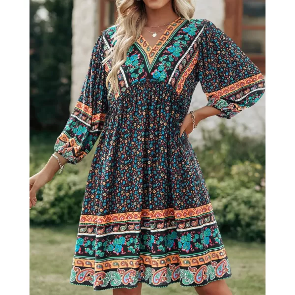 imageBTFBM Women Casual Spring Summer Dresses V Neck 34 Long Sleeve Ruffle Floral Flowy Boho Babydoll Mini Short Beach DressFloral Black