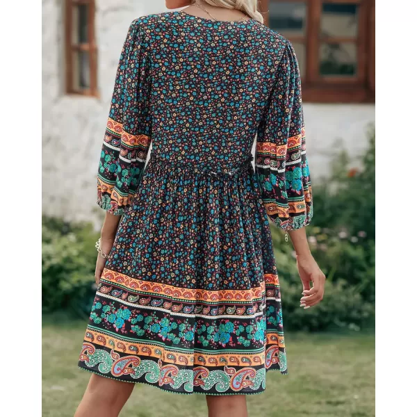 imageBTFBM Women Casual Spring Summer Dresses V Neck 34 Long Sleeve Ruffle Floral Flowy Boho Babydoll Mini Short Beach DressFloral Black
