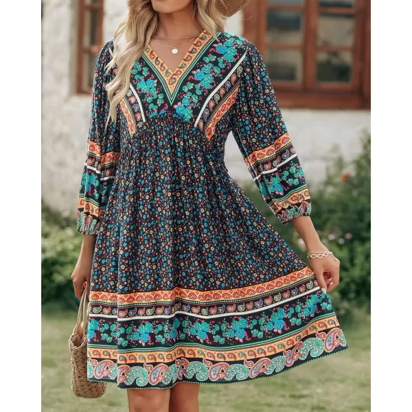 imageBTFBM Women Casual Spring Summer Dresses V Neck 34 Long Sleeve Ruffle Floral Flowy Boho Babydoll Mini Short Beach DressFloral Black