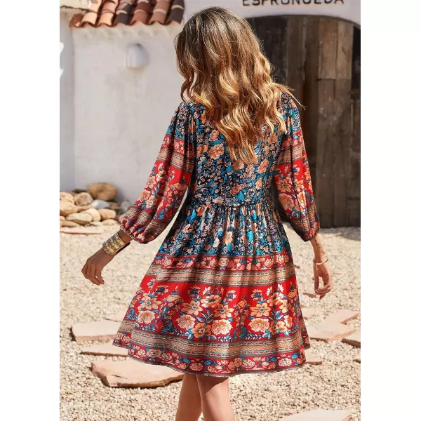 imageBTFBM Women Casual Spring Summer Dresses V Neck 34 Long Sleeve Ruffle Floral Flowy Boho Babydoll Mini Short Beach DressFloral Blue