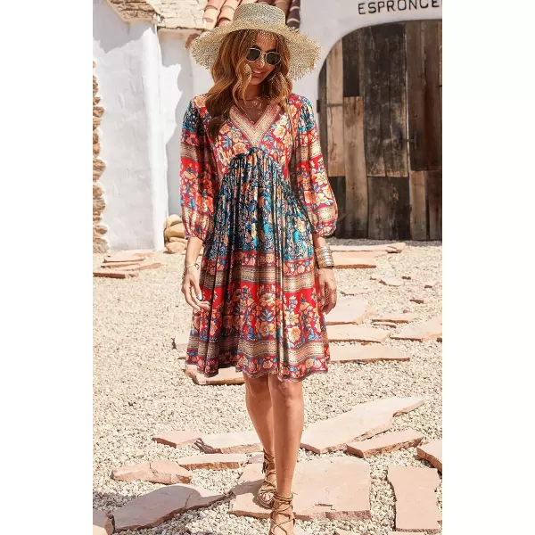 imageBTFBM Women Casual Spring Summer Dresses V Neck 34 Long Sleeve Ruffle Floral Flowy Boho Babydoll Mini Short Beach DressFloral Blue