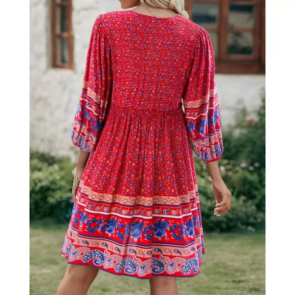 imageBTFBM Women Casual Spring Summer Dresses V Neck 34 Long Sleeve Ruffle Floral Flowy Boho Babydoll Mini Short Beach DressFloral Blue Red
