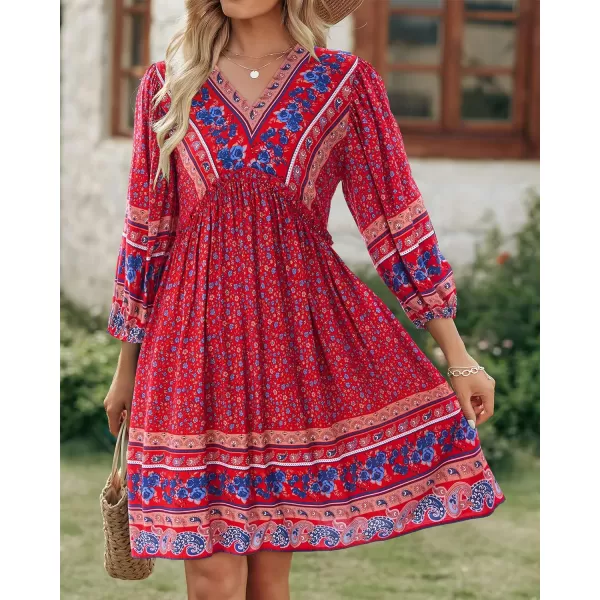 imageBTFBM Women Casual Spring Summer Dresses V Neck 34 Long Sleeve Ruffle Floral Flowy Boho Babydoll Mini Short Beach DressFloral Blue Red