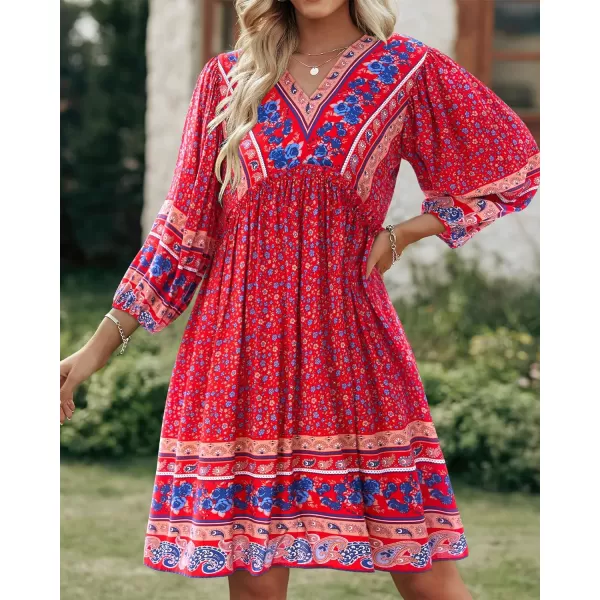 imageBTFBM Women Casual Spring Summer Dresses V Neck 34 Long Sleeve Ruffle Floral Flowy Boho Babydoll Mini Short Beach DressFloral Blue Red