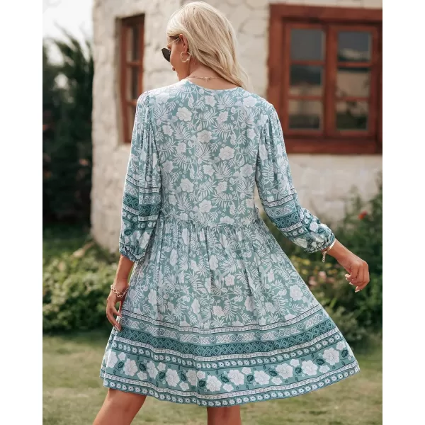 imageBTFBM Women Casual Spring Summer Dresses V Neck 34 Long Sleeve Ruffle Floral Flowy Boho Babydoll Mini Short Beach DressFloral Blue White