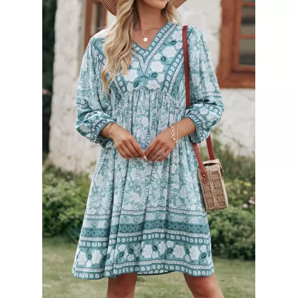 imageBTFBM Women Casual Spring Summer Dresses V Neck 34 Long Sleeve Ruffle Floral Flowy Boho Babydoll Mini Short Beach DressFloral Blue White